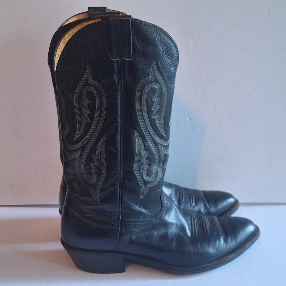 Nocona  Black Leather Western Cowboy Boots Mens 11 D Made in USA Stitch Detail